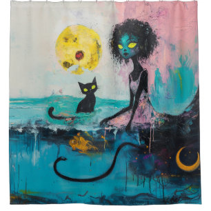 Rideaux De Douche Black Cat Moon Ocean Rose Magique Witchy AI Art