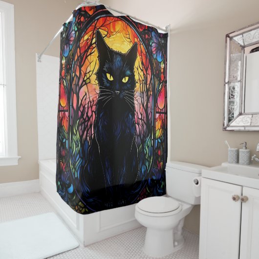 Rideaux De Douche Black Cat Vitrail Rouge Éffrayant (En situation)