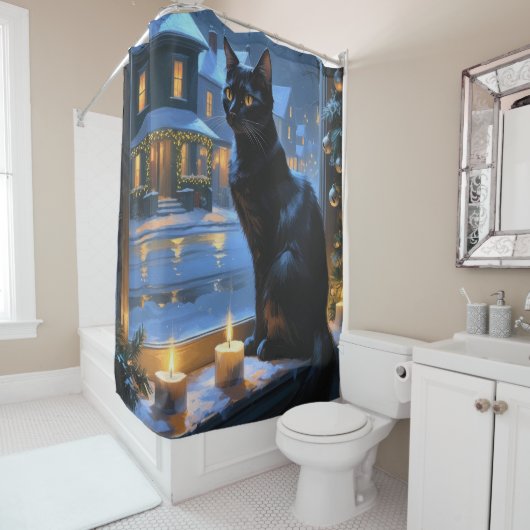 Rideaux De Douche Black Cat With Christmas Lights Holiday (En situation)