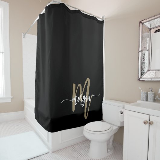 Rideaux De Douche Black Gold Modern Script Girl Monogramme Nom (En situation)