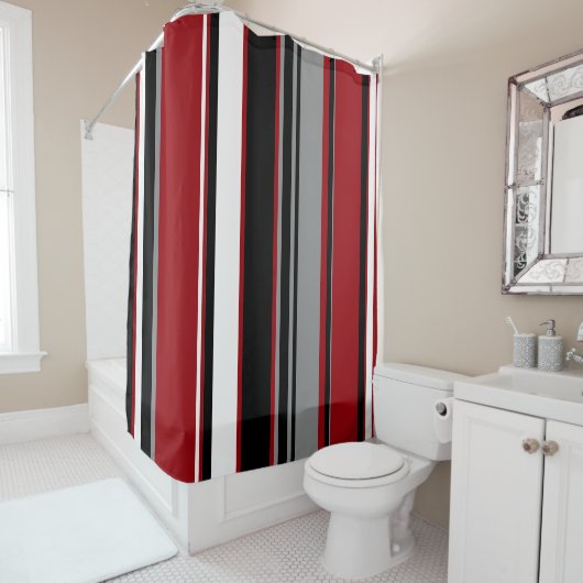 Rideaux De Douche Black, Gray Red and White Stripes (En situation)