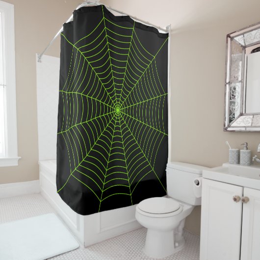 Rideaux De Douche Black neon vert toile d'araignée Halloween motif (En situation)