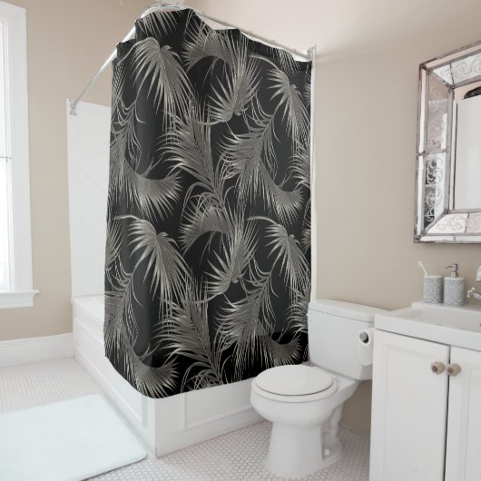 Rideaux De Douche Black Palm Luxe Look Tropical Motif (En situation)