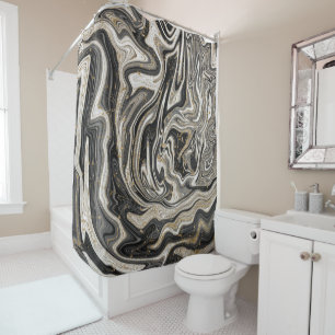 Rideaux De Douche Black White & Gold Chic Swirl Modern Abstrait