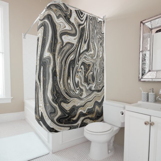 Rideaux De Douche Black White & Gold Chic Swirl Moderne Abstrait (En situation)