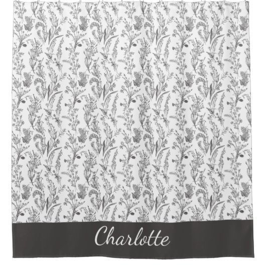 Rideaux De Douche Black White Toile Floral Custom Name (Devant)