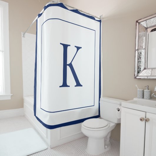Rideaux De Douche Blanc & bleu marine Monogramme initial (En situation)