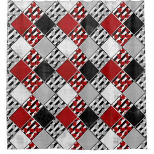 Rideaux De Douche Blanc noir avec patchwork rétro rouge