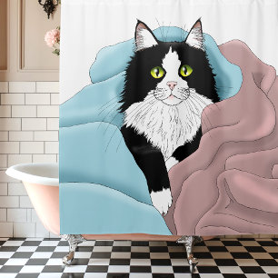 Rideaux De Douche Blanc Noir Tuxedo Couvercles de chat Bleu Pink