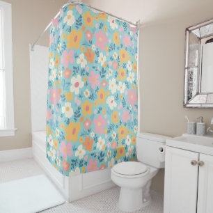 Rideaux De Douche Blanc, or et motif floral rose sur fond aigue-mari