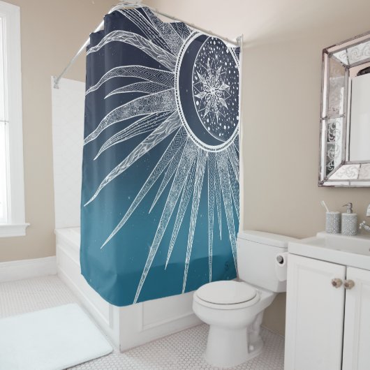 Rideaux De Douche Blanc Sun Moon Mandala Blue Gradient Design (En situation)