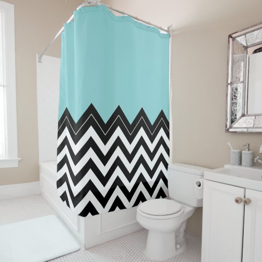Rideaux De Douche Blanc Turquoise clair Noir Zigzag Motif (En situation)