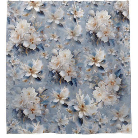 Rideaux De Douche Blancs et bleu clair Fleurs soies répétées (Devant)