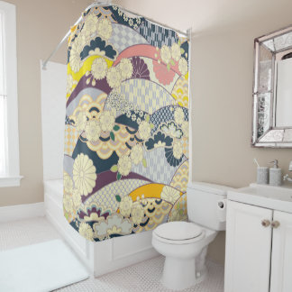 Rideaux De Douche Bleu antique Blanc japonais Kimono fleurs florales