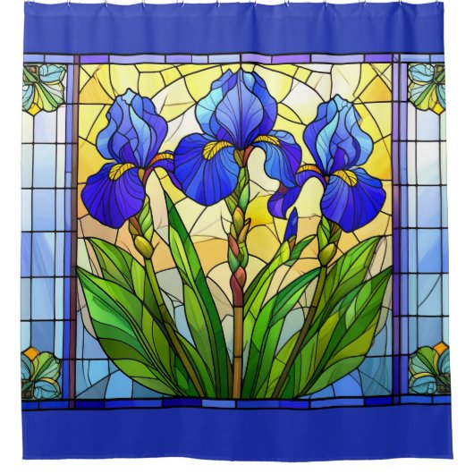 Rideaux De Douche Bleu Artistique Iris Floral Vitrail (Devant)