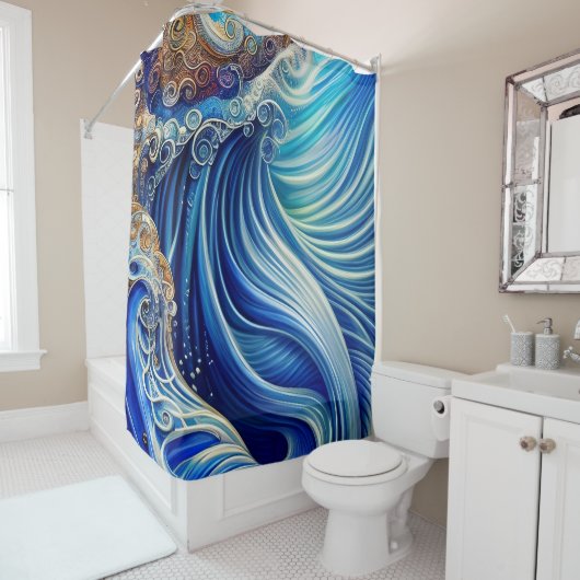 Rideaux De Douche Bleu avec or Abstrait Ocean Waves Artwork (En situation)