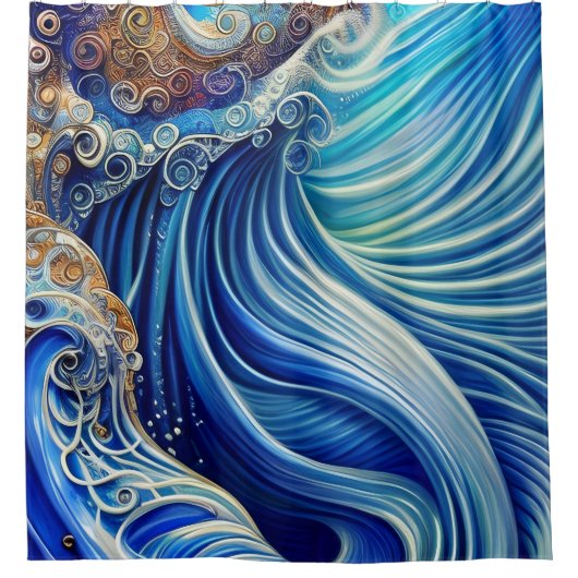 Rideaux De Douche Bleu avec or Abstrait Ocean Waves Artwork (Devant)