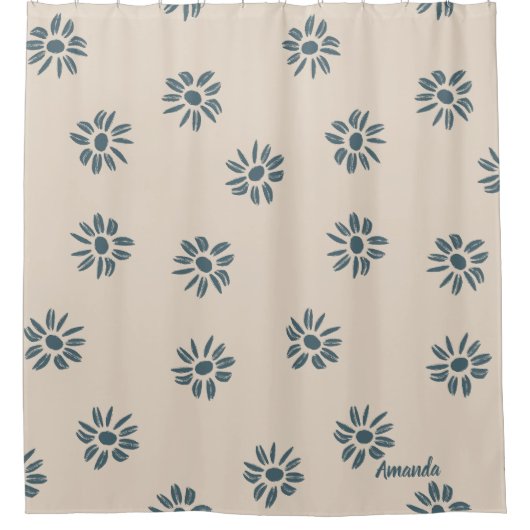 Rideaux De Douche Bleu Beige Neutre Monogramme Nom (Devant)