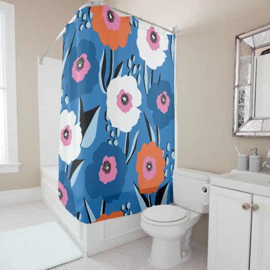 Rideaux De Douche Bleu Blanc Rouge : Scandinave Florale. (En situation)