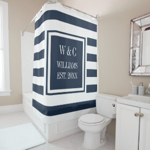 Rideaux De Douche Bleu bleu marine Blancs élégant Monogramme tendanc