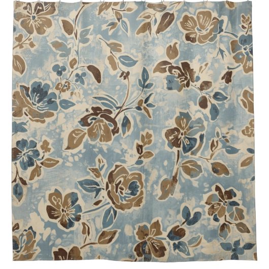 Rideaux De Douche Bleu Brun Brun Clair Floral Rustique (Devant)