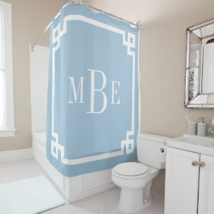Rideaux De Douche Bleu ciel et clé grecque blanche Monogrammé