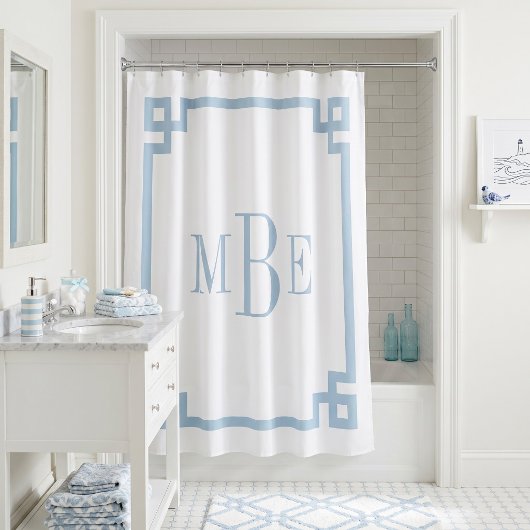 Rideaux De Douche Bleu ciel et clé grecque blanche | Monogrammé
