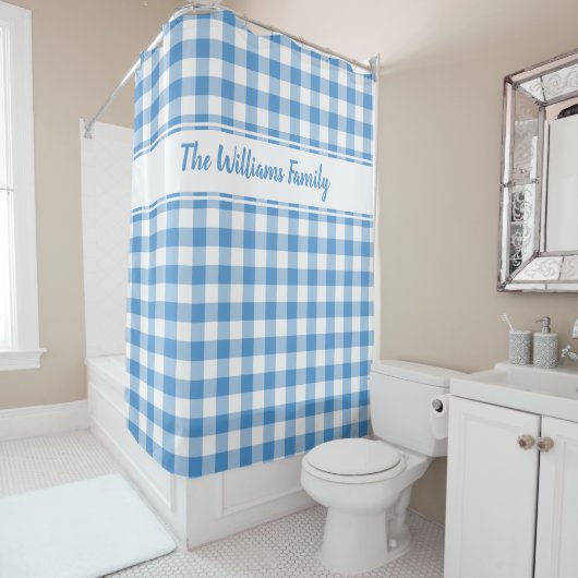 Rideaux De Douche Bleu clair Bleu Blanc Buffalo Plaid Motif Nom pers (En situation)