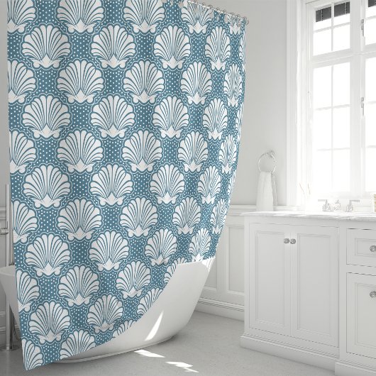 Rideaux De Douche Bleu & Coquillage Blanc