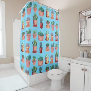 Rideaux De Douche Bleu de terre cuite d'aquarelle de Succulents de