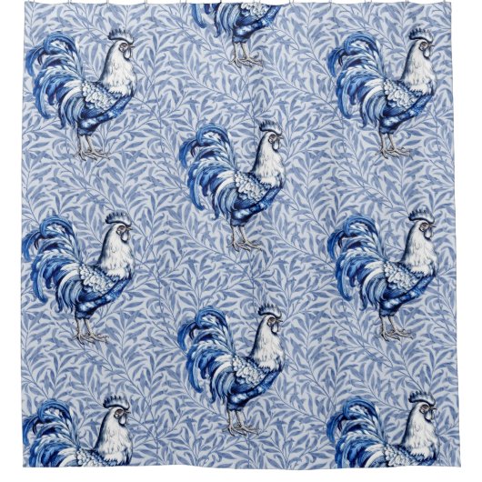 Rideaux De Douche Bleu Delft Et Poulet Blanc Rooster (Devant)