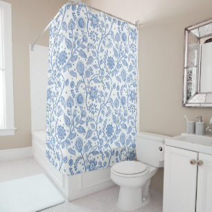 Rideaux De Douche Bleu et Blanc Motif Botanique Floral Fantaisiste