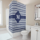 Rideaux De Douche Bleu foncé et blanc monogrammes (En situation)