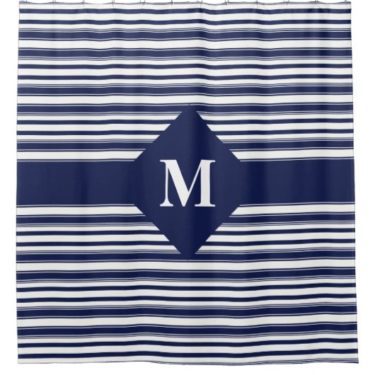 Rideaux De Douche Bleu foncé et blanc monogrammes (Devant)