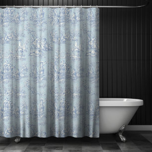 Rideaux De Douche Bleu Gris Toile de Jouy Élégant Vintage