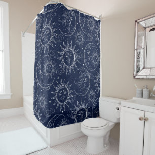 Rideaux De Douche Bleu Magique Vintage Céleste Soleil Lune Étoiles