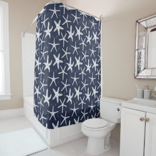 Rideaux De Douche Bleu marine et étoile de mer blanche