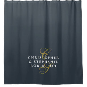 Rideaux De Douche Bleu Marine Monogramme Couple Or Blanc Minimaliste