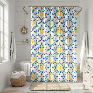 Rideaux De Douche Bleu méditerranéen et citron jaune Botanique