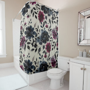 Rideaux De Douche Bleu Minuit Bourgogne Fleur Almond Beige
