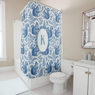 Rideaux De Douche Bleu Monogramme Chinoiserie Écureuil Forêt
