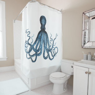 Rideaux De Douche Bleu nautique de plage côtière d'océan de poulp
