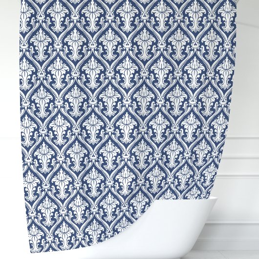 Rideaux De Douche Bleu Nuit et Damassé Blanc
