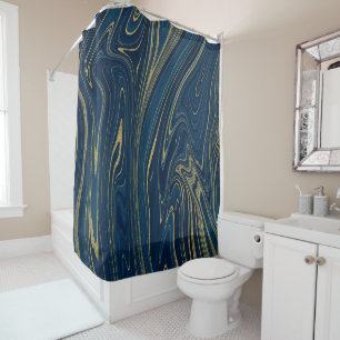Rideaux De Douche Bleu Nuit & Or Moderne Glamour Marbre Élégant Chic