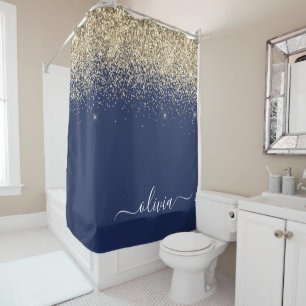 Rideaux De Douche Bleu Nuit Or Paillettes Féminin Monogramme Nom