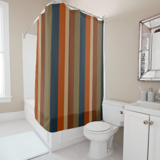 Rideaux De Douche Bleu, orange, olive et bandes de sable (En situation)