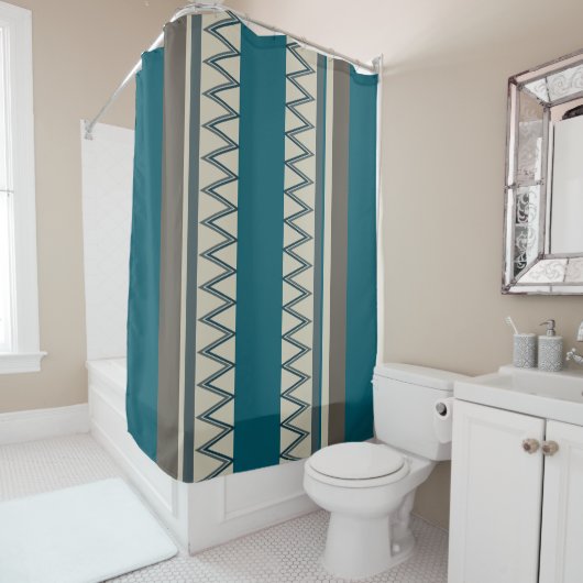 Rideaux De Douche Bleu paon et Gris rayures (En situation)