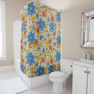 Rideaux De Douche Bleu rétro, Jaune & Orange Floral