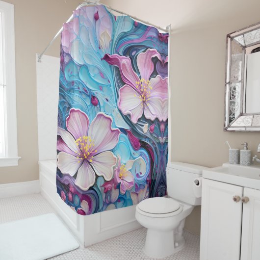 Rideaux De Douche bleu rose Fleur Surreal (En situation)