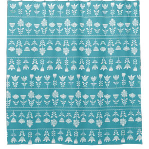 Rideaux De Douche bleu scandinave avec fleurs blanches